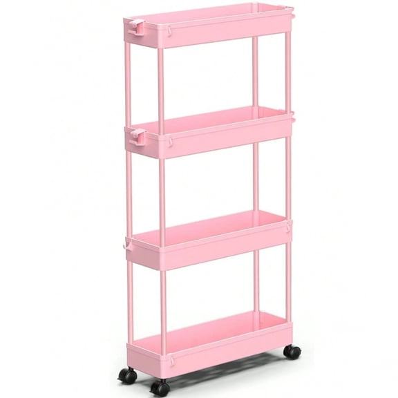 NTGFU Slim Rolling Storage Cart 4 Tier Bathroom Organizer Mobile Shelving Unit Utility Cart Tower Rack for Kitchen Laundry Narrow Places - Pink