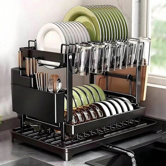 NTGFU Stainless Steel Large Dish Rack with Drainer Plate, Cup Holder and Utensil Holder - 2 Tier Dish Racks for Kitchen Counter - Space Saving Dish Drainers for Kitchen Counter and Sink