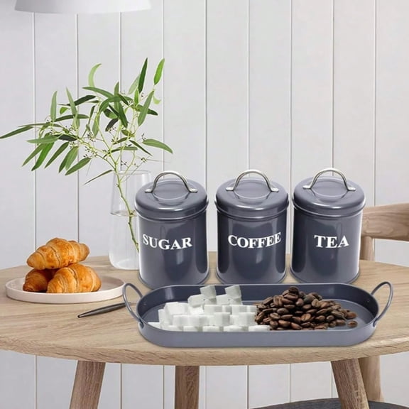 NTGFU Tea Coffee Sugar Canisters, 3 Piece Kitchen Canister Set, Tea Sugar Coffee Canisters with Sealing Lid and Metal Tray, Metal Vintage Food Storage Jars for Coffee, Sugar, Tea - Grey