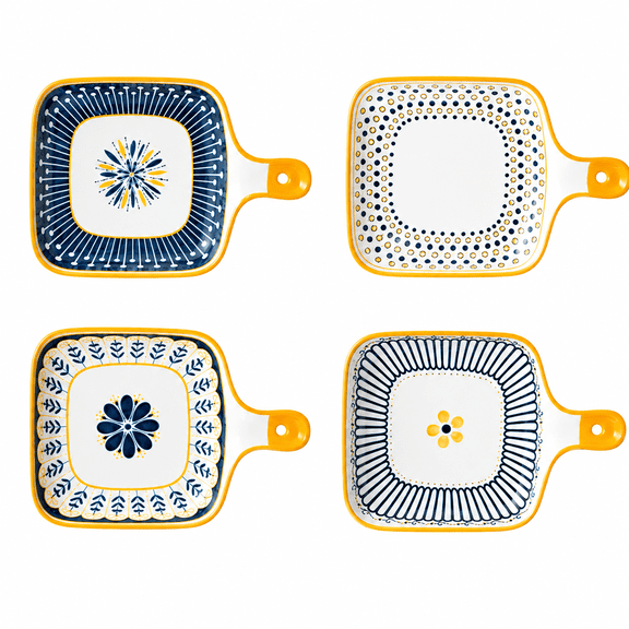 NTKOW 4 Pack 9 Inch Ceramic Baking Plates with Single Handle, Fresh Style Elegant Dinner Plates, Multipurpose Bakeware Trays for Home Kitchen Baking, Camping, Picnic and Daily Serving