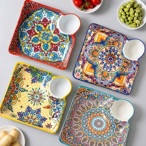 NTKOW 4-Piece Bohemian 7-Inch Dumpling Plates, featured with built-in dipping sauce compartment. Perfect for serving dumplings, pan-fried dumplings and empanadas. Great for Halloween parties, Christm