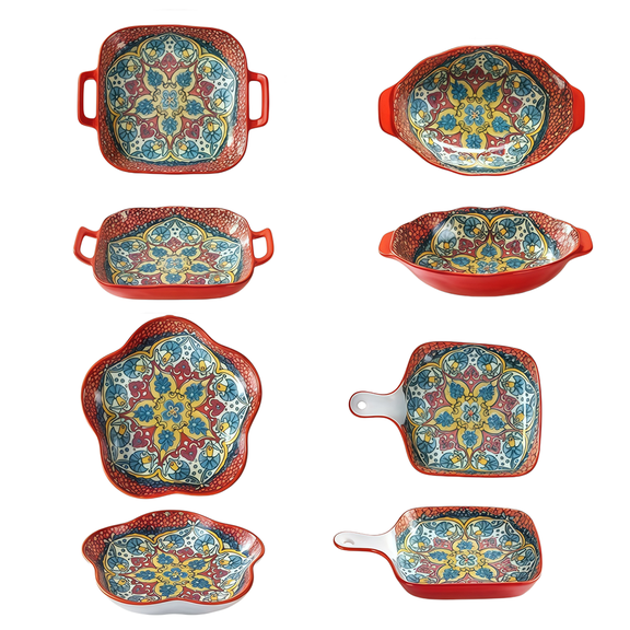 NTKOW 4pc Bohemian Ceramic Bakeware Set, 4pcs Oven Safe Rectangular Baking Dishes & Serving Bowls, Decorative Ceramic Cookware for Casserole, Pasta, Roasting, Microwave & Dishwasher Safe
