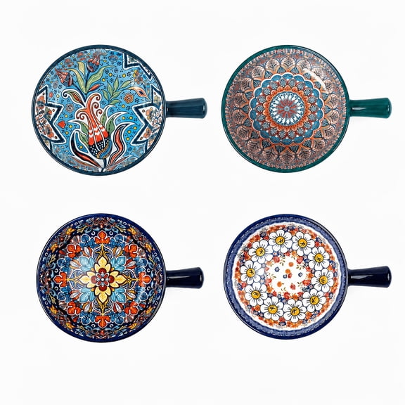 NTKOW 4pcs Bohemian Style Underglaze Ceramic Bowl Set, 9-inch Handheld Bowl with Handle, High-value Tableware for Home, Family Daily Necessities, Microwave Safe, Perfect for Instant Noodles