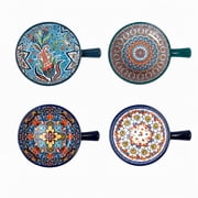 NTKOW 4pcs Bohemian Style Underglaze Ceramic Bowl Set, 9-inch Handheld Bowl with Handle, High-value Tableware for Home, Family Daily Necessities, Microwave Safe, Perfect for Instant Noodles