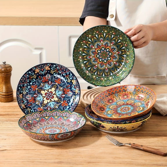 NTKOW 6-Piece Bohemian Ceramic Deep Plate Set, 8 Inch, 22 Oz Capacity. Great for main dishes, salads, pasta & beef. Perfect for Halloween gifts, parties & Christmas gatherings. Microwave safe