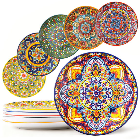 NTKOW 6 Piece Bohemian Ceramic Dessert Plates, 8 Inch Reactive Glaze Porcelain Plates, Colorful Bohemian Style Dinnerware Dishes Set for Kitchen, Ideal for Steak, Pasta, Desserts, Microwave, Dishwash