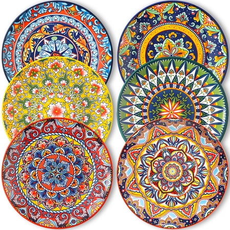 NTKOW 6-Piece Bohemian Style Plates, 8-Inch Dinner Plates, Ideal for Serving Steak, Lamb Chops, Turkey, and All Kinds of Main Dishes; Microwave, Oven, and Dishwasher Safe for Versatile Daily Use