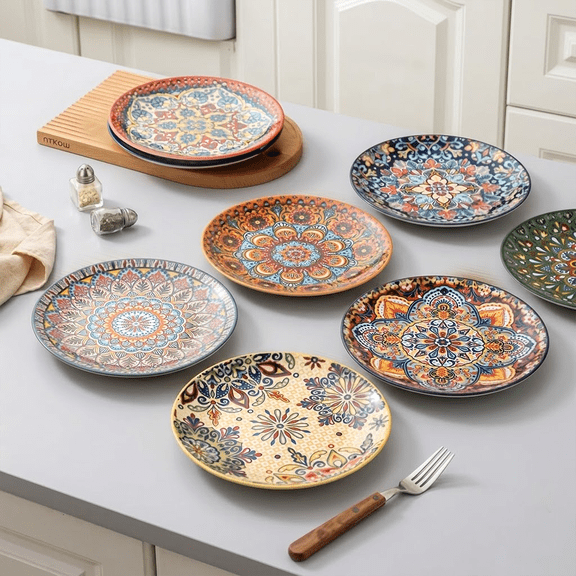 NTKOW 8-Piece Bohemian Plate Set features vibrant colors and elegant unique patterns. These 8-inch plates with ample capacity perfectly serve staples, cold dishes and salads. Ideal for family gatheri