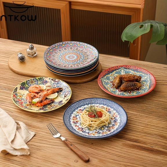 NTKOW Ceramic Dinner Plates Set of 8PC, 8inch Reactive Glaze Porcelain Plates, Colorful Bohemian Style Dinnerware Dishes Set for Kitchen,Microwave&Dishwasher&Oven Safe, Scratch Resistant