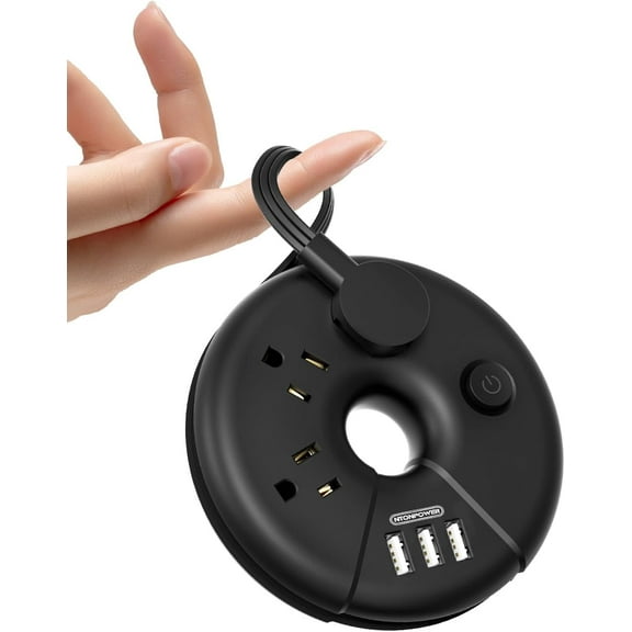NTONPOWER Travel Power Strip with 3 USB Ports, Cruise Approved Power Strip Flat Plug, Flat Extension Cord 3Feet,On/Off Switch, Black i-Donut Power Strip for Home, Hotel,Travel Cruise Ship Essentials