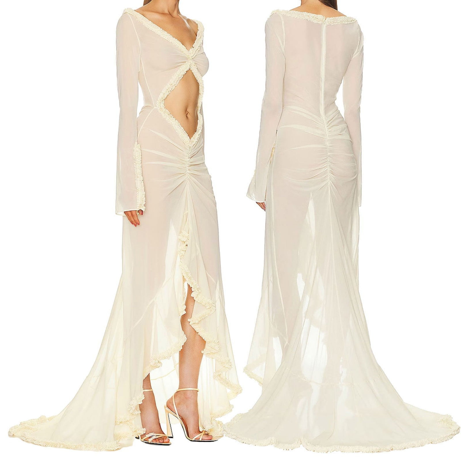 NTRiLkUR Womens Bodycon Maxi Dress Ruched Irregular Bell Sleeve Cocktail Long Dress Bow Scrunch Butt Ruffle Mesh Dresses Walmart