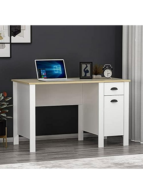 NTTBOBOEC TEDDY Writing Desk - Computer Desk - Workstation with drawer and  space with door in  modern design for home office or children&#39;s room. (White/Oak)