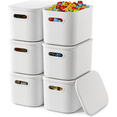 thumbnail image 1 of NTYNTY 6 Pack Small White Plastic Storage Bins with Lids & Handles, 9.84" x 7.09" x 6.3" Stackable Organizer for Crafts & Snacks, 1 of 9
