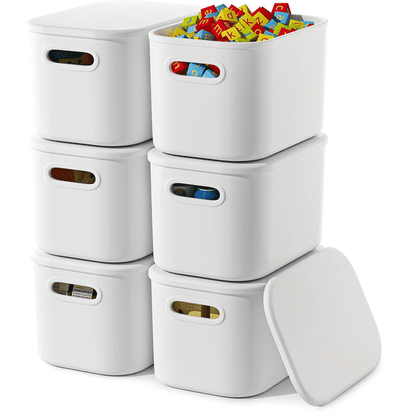 NTYNTY 6 Pack Small White Plastic Storage Bins with Lids & Handles, 9.84" x 7.09" x 6.3" Stackable Organizer for Crafts & Snacks