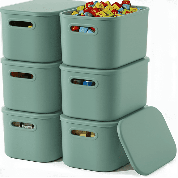NTYNTY 6 Pack Small Green Plastic Storage Bins with Lids & Handles, 9.84" x 7.09" x 6.3" Stackable Organizer for Crafts & Snacks