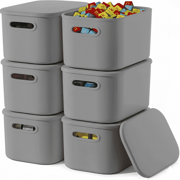 NTYNTY 6 Pack Small Grey Plastic Storage Bins with Lids & Handles, 9.84"x 7.09" x 6.3" Stackable Organizer for Crafts & Snacks