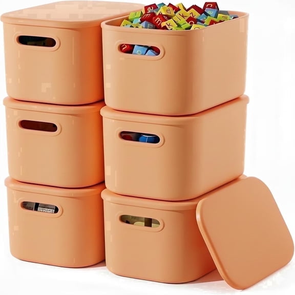 NTYNTY 6 Pack Small Orange Plastic Storage Bins with Lids & Handles, 9.84"x 7.09" x 6.3" Stackable Organizer for Crafts & Snacks