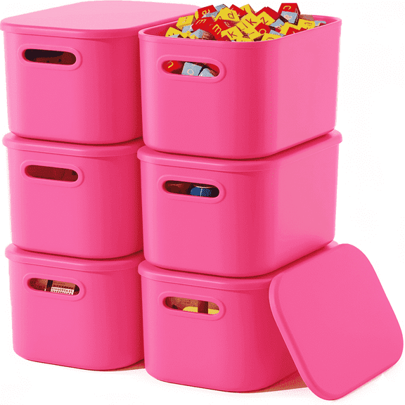 NTYNTY 6 Pack Pink Storage Bins with Lids Stackable Storage Container for Organizing, Storage Boxes with Handle for Shelves, Cute Storage Bin for Craft, Snacks,9.84" x 7.09" x 6.3"