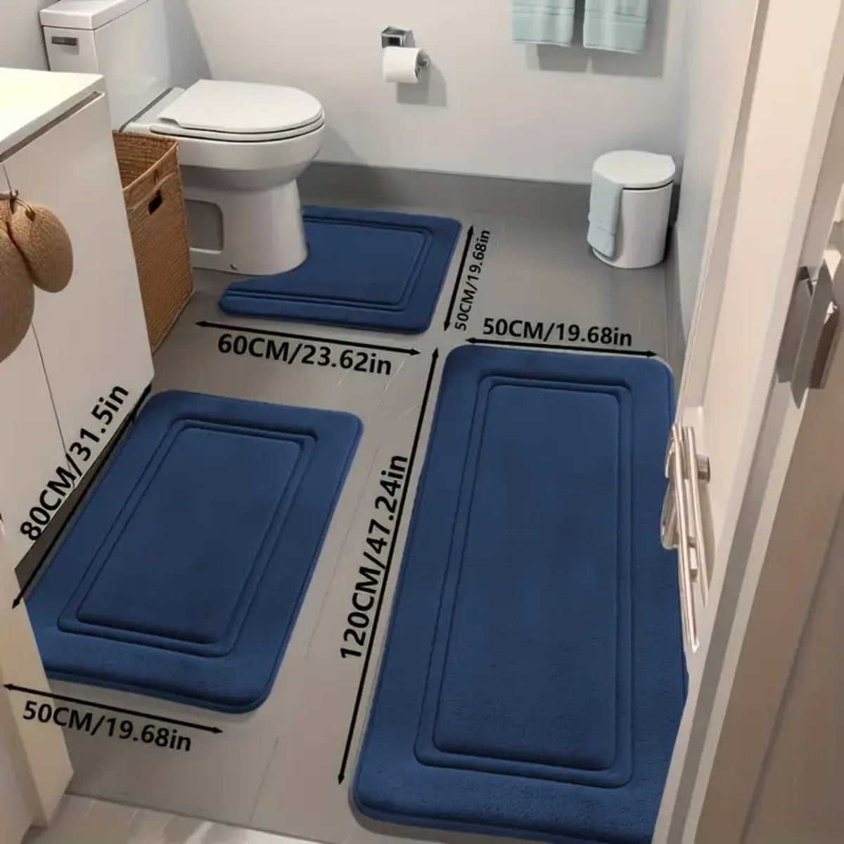 NTYNTY Super Absorbent Non-slip Bathroom Mat Set of 3,Super Soft and Comfortable Advanced Bath Blanket,Home Decoration Mat,Navy Blue.