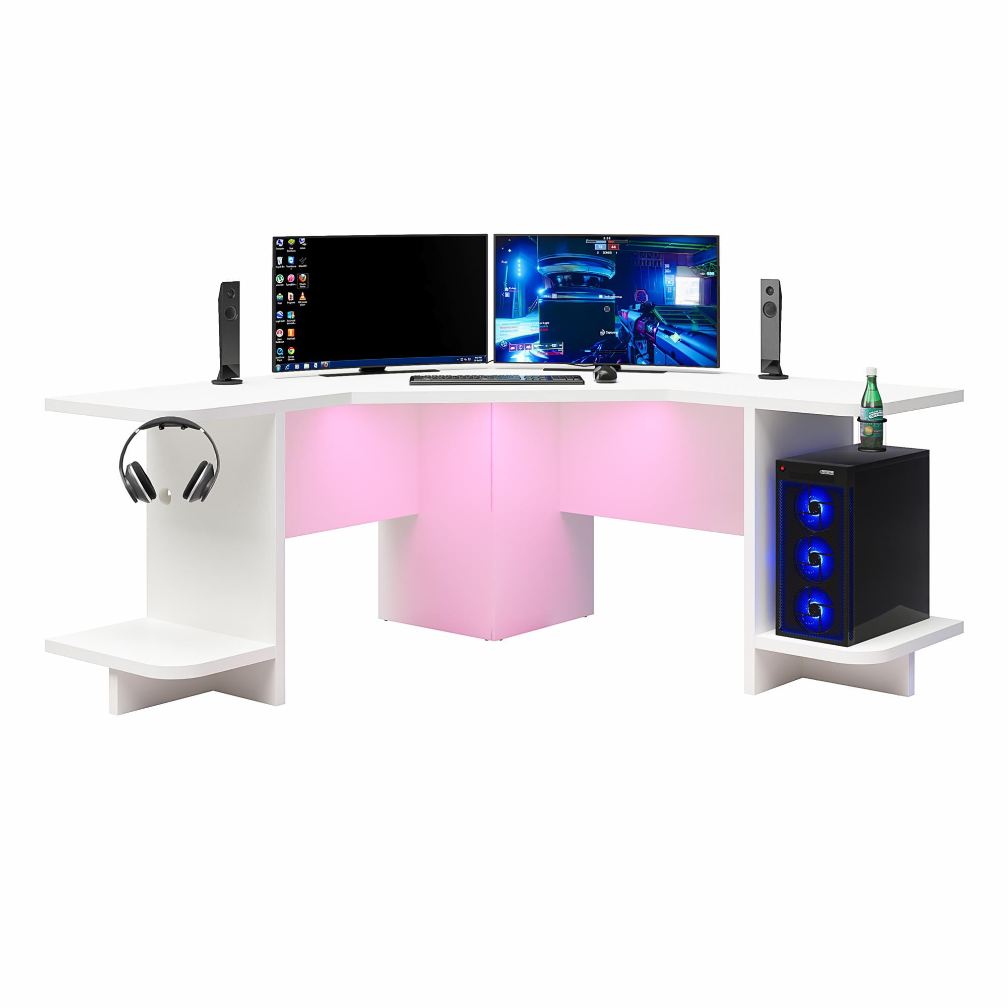 NTense Mod Corner Gaming Desk with LED Light Kit, White