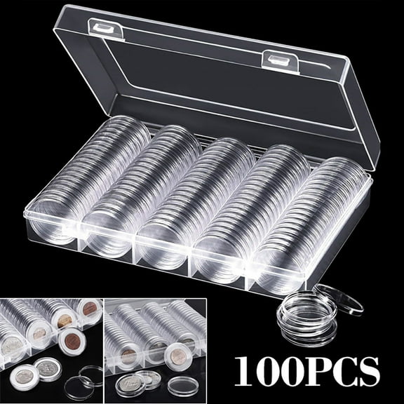 NUAHRHY 100 Pieces 30mm Silver Coin Holder Clear Coin Capsules Coin Case with Gasket & Plastic Storage Organizer Box for Collectors