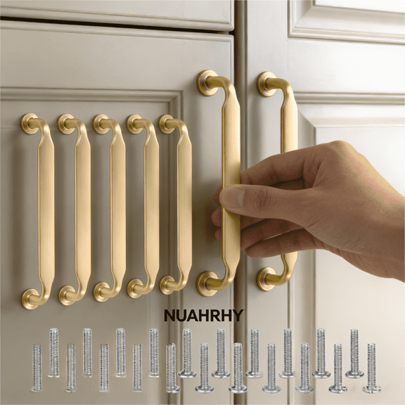 NUAHRHY 10pcs Metal Cabinet Pull Set with Screws Zinc Alloy Gold Cabinet Handle Easy Install Closet Handle 5 Inch Hole Spacing for Home Kitchen
