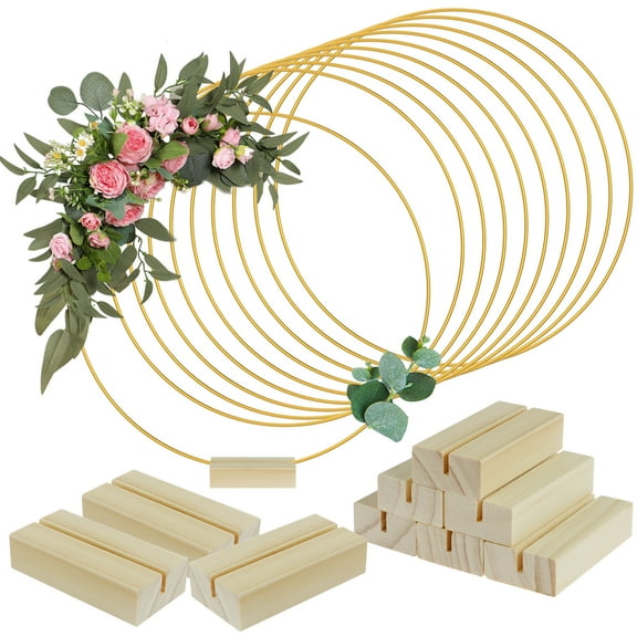 NUAHRHY 10pcs Metal Floral Hoop Centerpiece 12inch Round Macrame Gold Hoop Ring with Wood Stands