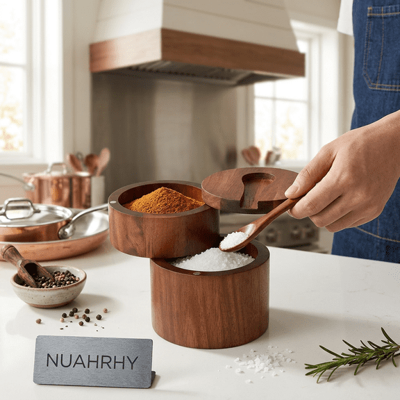 NUAHRHY 2 Layers Rotating Salt and Pepper Bowl with Built in Spoon, Acacia Wood Spice Box with Magnetic Swivel Lid, Dustproof Salt Storage Cellar for Kitchen Seasonings
