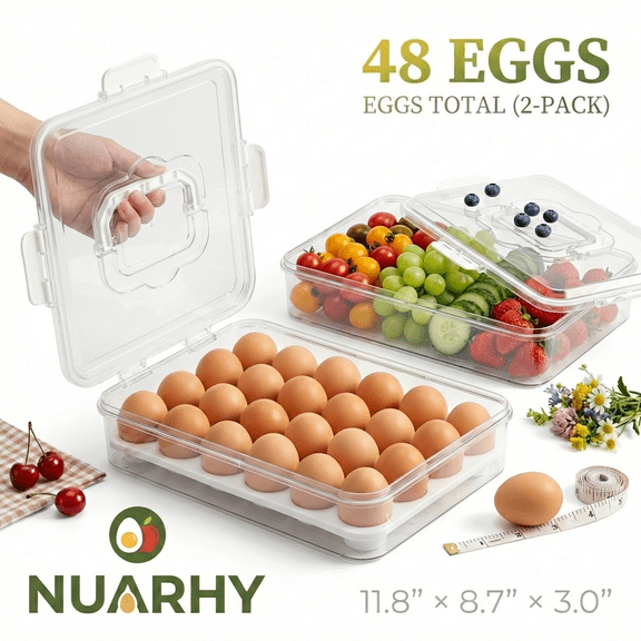 NUAHRHY 2 Pack Deviled Egg Containers with Lid and Handle, Durable Clear Deviled Egg Carrier Storage 48 Eggs, Stackable Egg Holder for Fridge, Portable Tray Platter for Party Picnic Camping