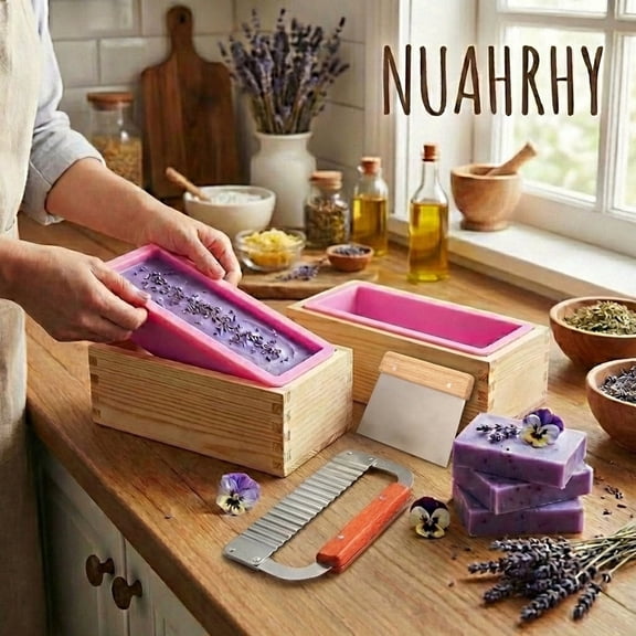 NUAHRHY 2 Pcs Soap Mold Making Kit with Cutters, 40.58oz Rectangular Silicone Loaf Soap Mold with Wooden Box, Stainless Steel Wavy & Straight Scraper for Homemade Craft Soap Making Supplies