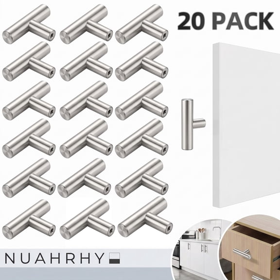NUAHRHY 20pack Cabinet Knobs Matte Black Stainless Steel Kitchen Drawer Pulls Single Hole T-Shaped Handles 2 inch Overall Length Dresser Knobs