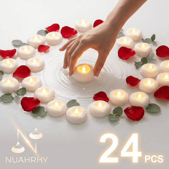 NUAHRHY 24 Packs 2.3 inch Flameless LED Floating Candles, 200 Hours Water Activated Candle Light, Waterproof Tealights Candles for Wedding Decorations, Swimming Pools, Party, Bathtub, Fountain