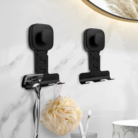 NUAHRHY 2Pcs Suction Cup Razor Holder, Shaver Holder for Shower Wall, Stainless Steel Bathroom Suction Hooks for Towel,Loofah,Shaver,Damage Free Install & Remove-Black