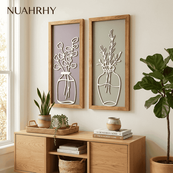 3D Floral Wall Decor, 2-Piece Wooden Botanical Wall Art Set, Framed Cutout Hollow Floral Hanging Art for Boho Farmhouse Living Room Bathroom Home Decor, 15.74x7x0.6 Inch