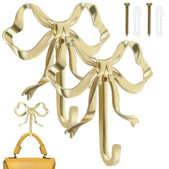 NUAHRHY 2pcs Brass Bowknot Decorative Wall Hooks Hanging Gold Sterling and Noble Home Decor Golden Bow Key Holder Hook Doors Collection