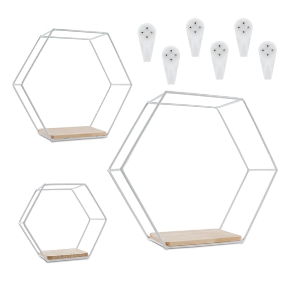 NUAHRHY 3Pcs Hexagon Shape Wall Floating Shelves for Living Room Bedroom Anti Rust Wall Mounted Storage Shelves Decorative Wall Display Shelves for Displaying Photo Frame Doll