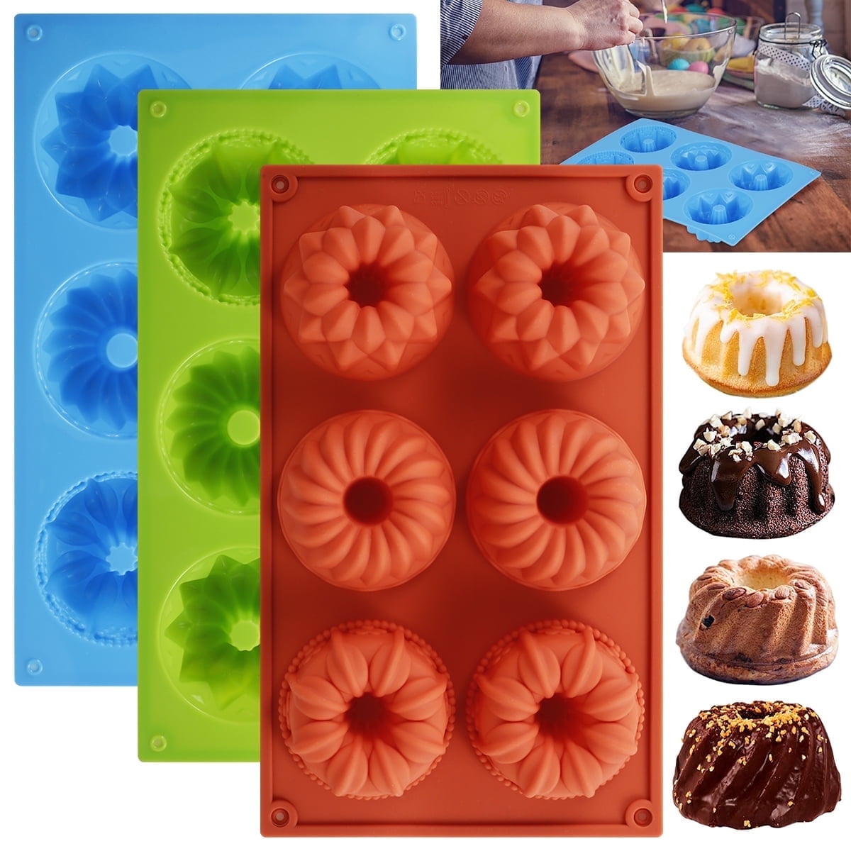 3PCS Mini Bundt Cake Pan, 6-Cavity Silicone Baking Mold, Non 3PCS Mini Bundt Cake Pan, 6-Cavity Silicone Baking Mold, Non
