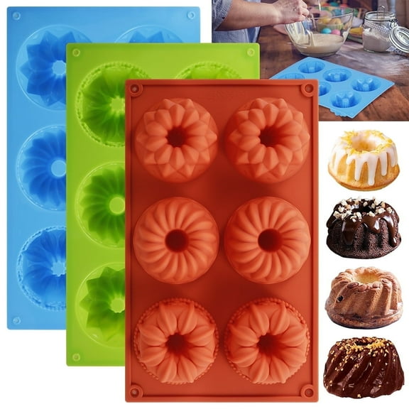 NUAHRHY 3pcs Mini Bundt Cake Pan, 6Cavity Heritage Bundtlette Cake Silicone Mold for Baking,Non Stick Fancy Molds for Fluted Tube Cake