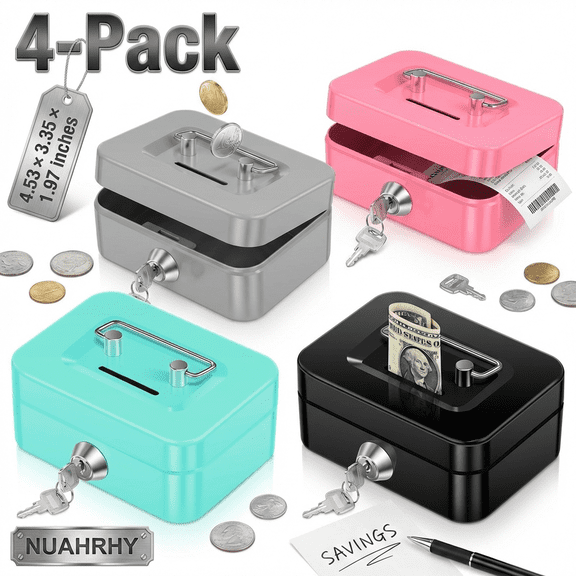 NUAHRHY 4Pcs Cash Box with Lock, Small Money Box Piggy Bank with Lock and Slot, 4.5x3.3x2 Inch Metal Coin Bank Money Tray