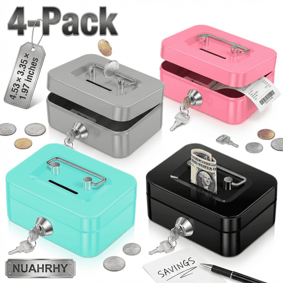 NUAHRHY 4Pcs Cash Box with Lock, Small Money Box Piggy Bank with Lock and Slot, 4.5x3.3x2 Inch Metal Coin Bank Money Tray