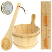 NUAHRHY 4Pcs Sauna Accessories Set Wood Sauna Bucket Sauna Spoon with Long Handle Design 2 in 1 Sauna Thermometer and Hygrometer Hourglass Timer Easy to Use Sauna Kit Suitable for Home