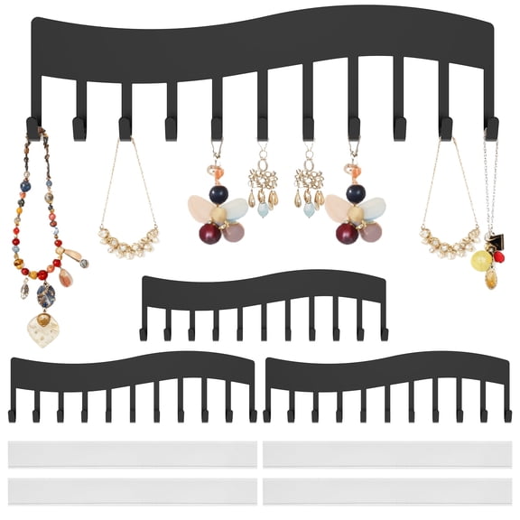 NUAHRHY 4Pcs Wall Necklace Organizer, Wave style Wall Mounted Necklace Key Hanging Storage Holder, Jewelry Shelf Display Hanger for Bedroom Closet-Black