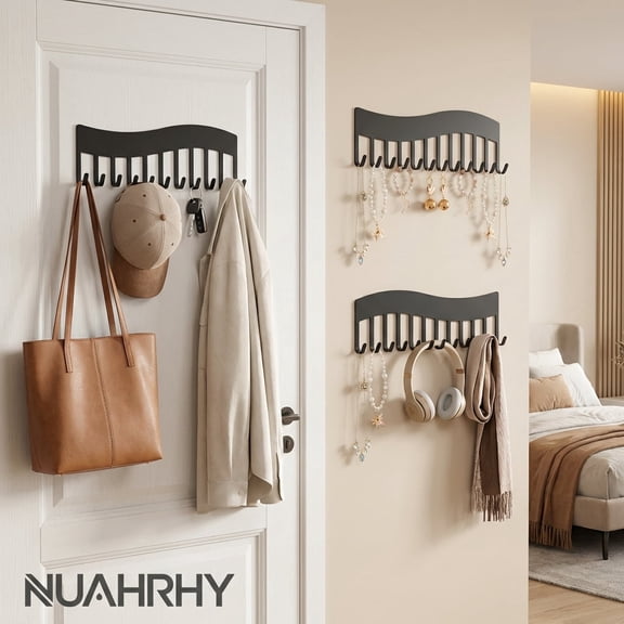 NUAHRHY 4Pcs Wall Necklace Organizer, Wave style Wall Mounted Necklace Key Hanging Storage Holder, Jewelry Shelf Display Hanger for Bedroom Closet-Black