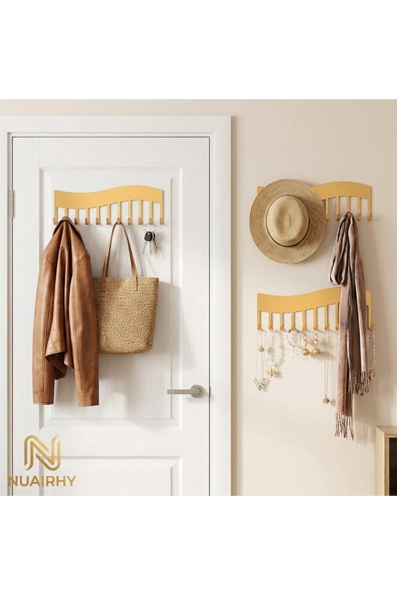 4Pcs Wall Necklace Organizer, Wave style Wall Mounted Necklace Key Hanging Storage Holder, Jewelry Shelf Display Hanger for Bedroom Closet-Gold