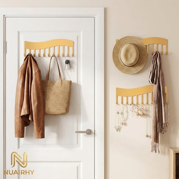 NUAHRHY 4Pcs Wall Necklace Organizer, Wave style Wall Mounted Necklace Key Hanging Storage Holder, Jewelry Shelf Display Hanger for Bedroom Closet-Gold