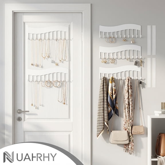 NUAHRHY 4Pcs Wall Necklace Organizer, Wave style Wall Mounted Necklace Key Hanging Storage Holder, Jewelry Shelf Display Hanger for Bedroom Closet-White