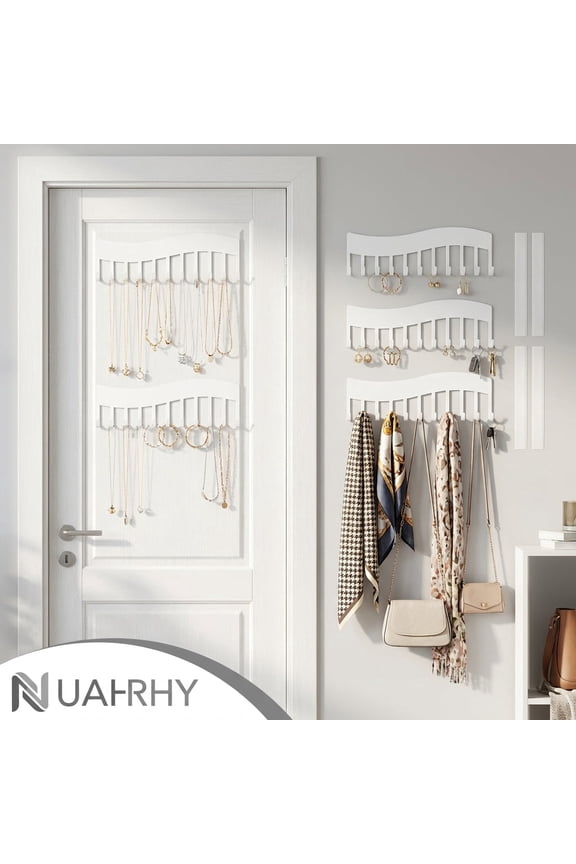 4Pcs Wall Necklace Organizer, Wave style Wall Mounted Necklace Key Hanging Storage Holder, Jewelry Shelf Display Hanger for Bedroom Closet-White