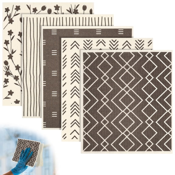 NUAHRHY 5 Pack Swedish Dishcloth for Kitchen, Reusable Paper Towels Washable, High Water Absorbency Dish Rag for Countertop Tableware Tile Mirror Glass, No Odor, Biodegradable Cleaning Cloths