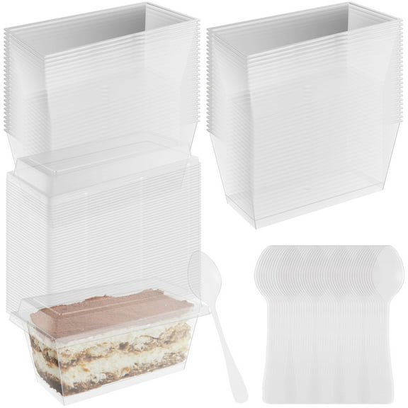 NUAHRHY 50 Pcs Dessert Cups with Lids and Spoons Clear Parfait Cups Reusable Appetizer Cups Plastic Serving Bowls Rectangle Pudding Cups for Tasting Party Desserts