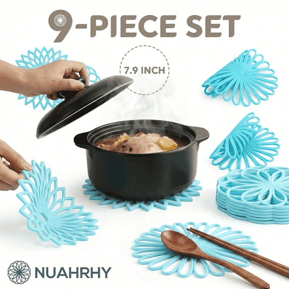 NUAHRHY 9pcs Silicone Trivets Mats for Hot Dishes Heat Resistant Kitchen Hot Pads Non-Slip Hot Pot Holder for Kitchen Counter & Table Blue